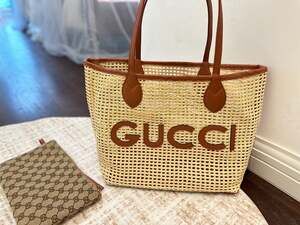 Gucci Leather-Trimmed Faux Raffia Logo Tote Bag with GG Supreme Pouch